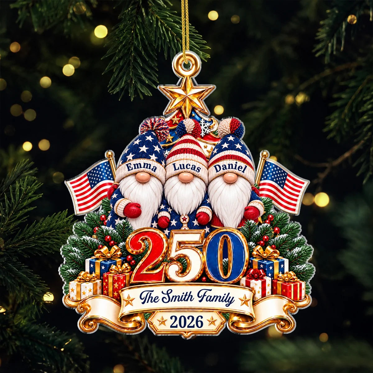USA 250th Anniversary Gnome Family - Personalized Acrylic Ornament for Patriotic Christmas Decor