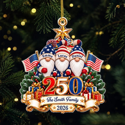 USA 250th Anniversary Gnome Family - Personalized Acrylic Ornament for Patriotic Christmas Decor