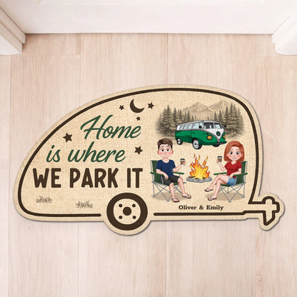 "Home Is Where We Park It" Personalized Camper Shaped Doormat - Custom RV Camping Gift for Couples