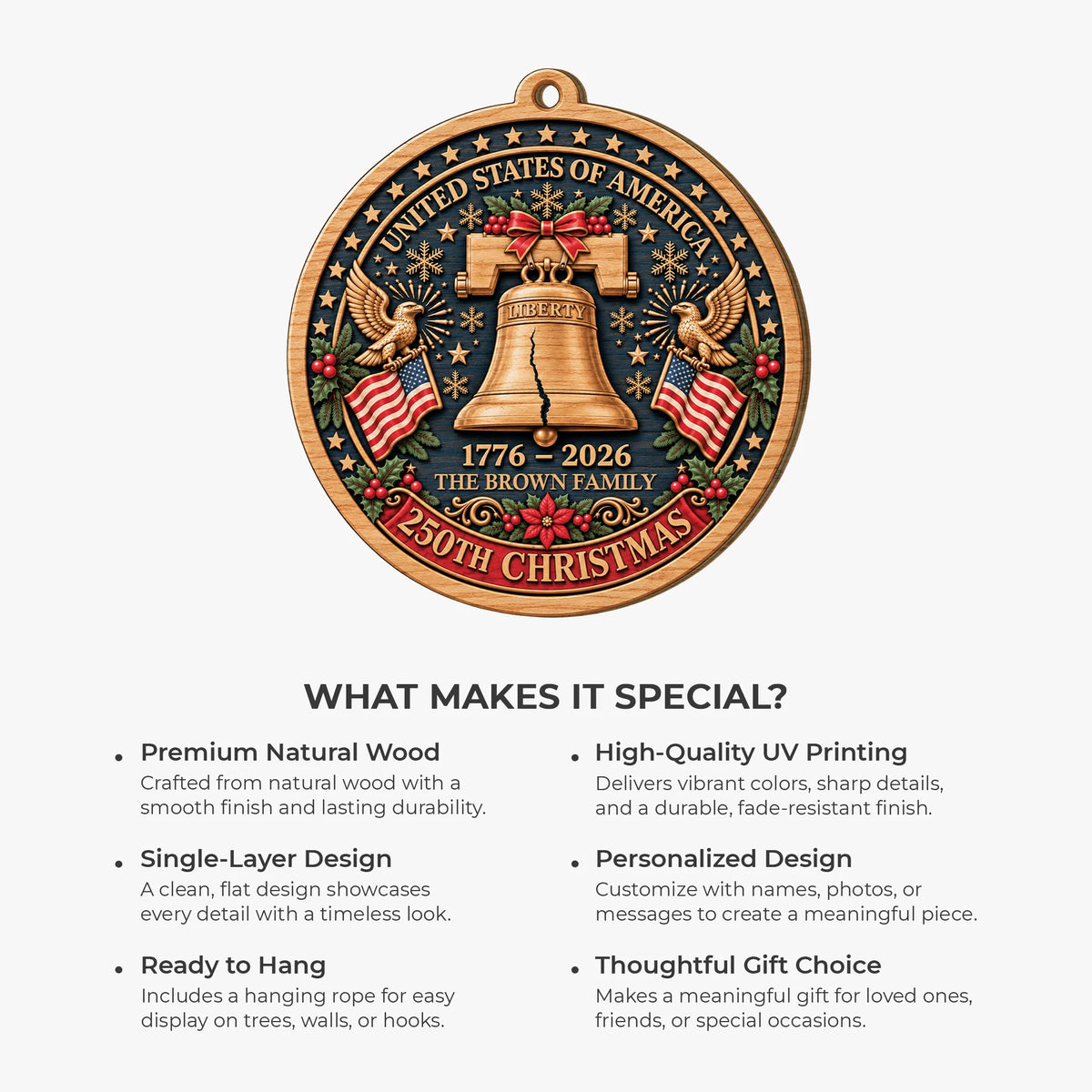 USA 250th Liberty Bell Personalized Wooden Ornament - Christmas Keepsake for Family