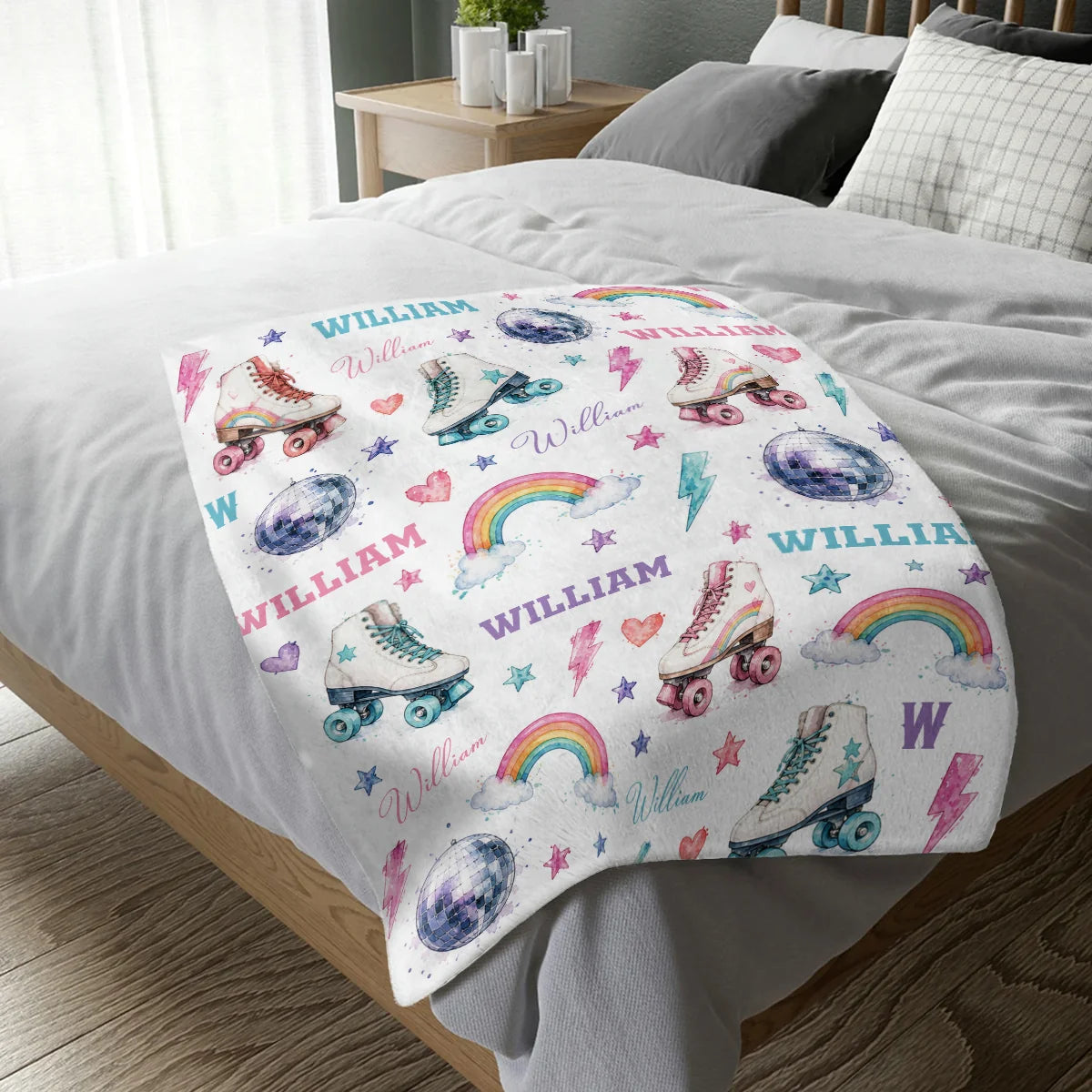 Personalized Roller Skate Blanket - Retro Disco Rainbow Custom Name Throw for Kids