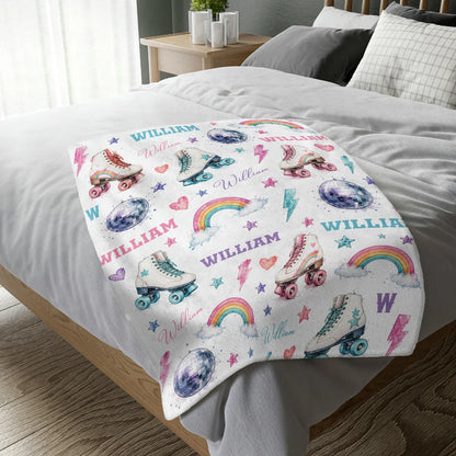 Personalized Roller Skate Blanket - Retro Disco Rainbow Custom Name Throw for Kids