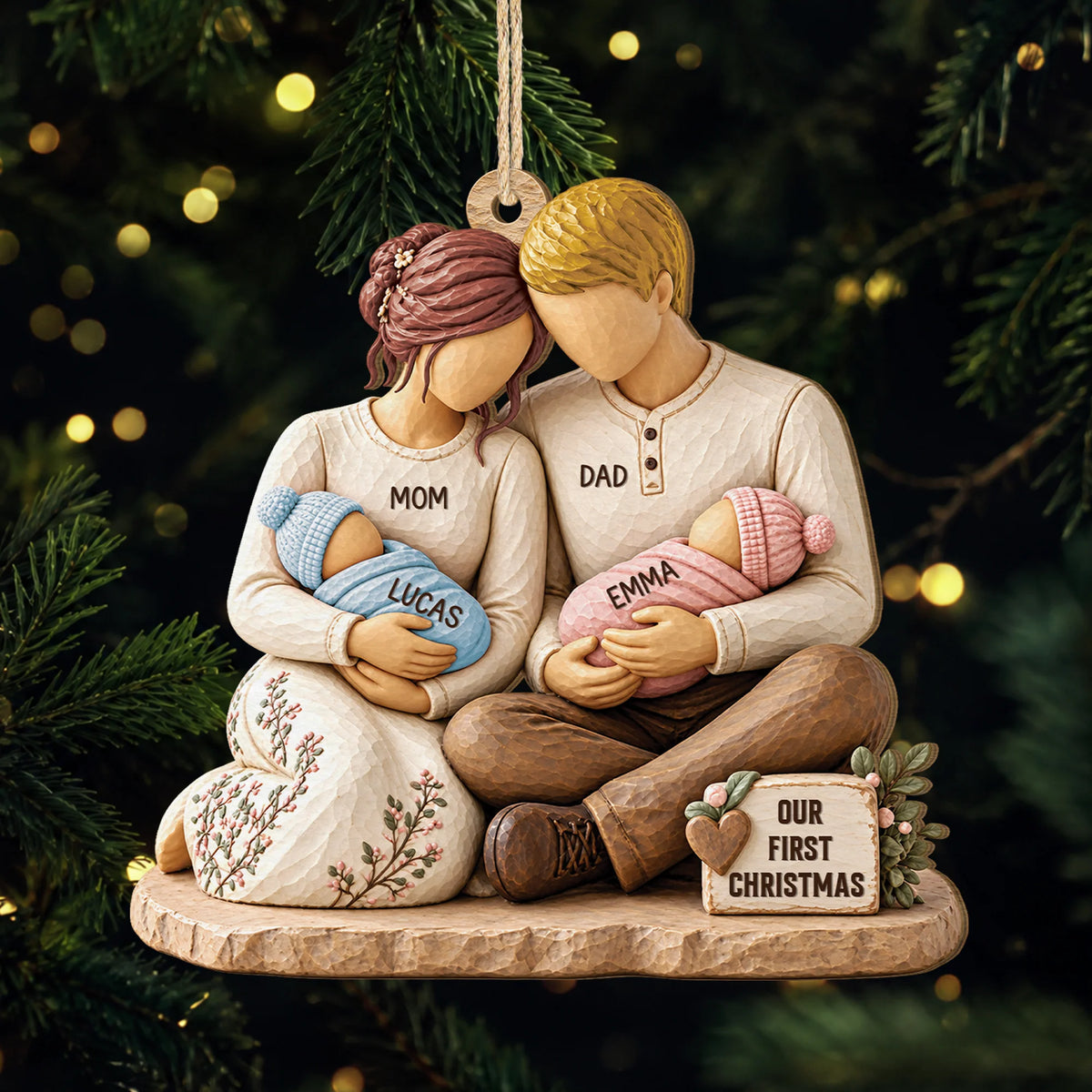 Our First Christmas Personalized Family Wooden Ornament - Keepsake for New Parents