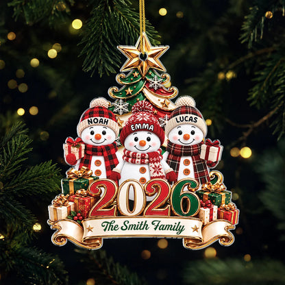 Personalized Snowman Family Acrylic Ornament - Custom 2026 Christmas Keepsake Gift