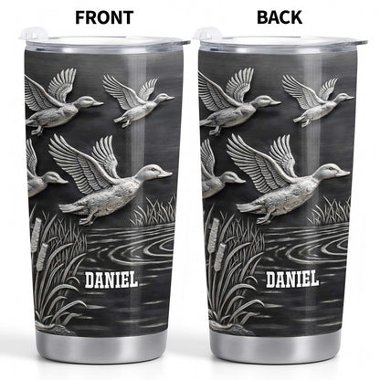 Geese In Flight Over Tranquil Landscape Tumbler