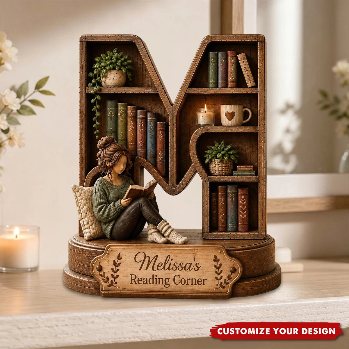 Reading Corner Personalized Wooden Block - Custom Initial Book Lover Gift for Bookshelf