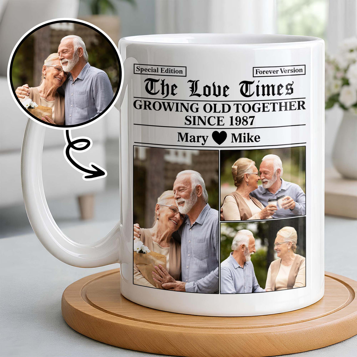 "The Love Times Growing Old Together" Personalized Photo Mug - Romantic Anniversary Gift for Couples