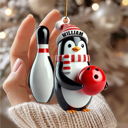 Cute Penguin Bowling Christmas Keepsake - Personalized Wooden Ornament for Bowlers