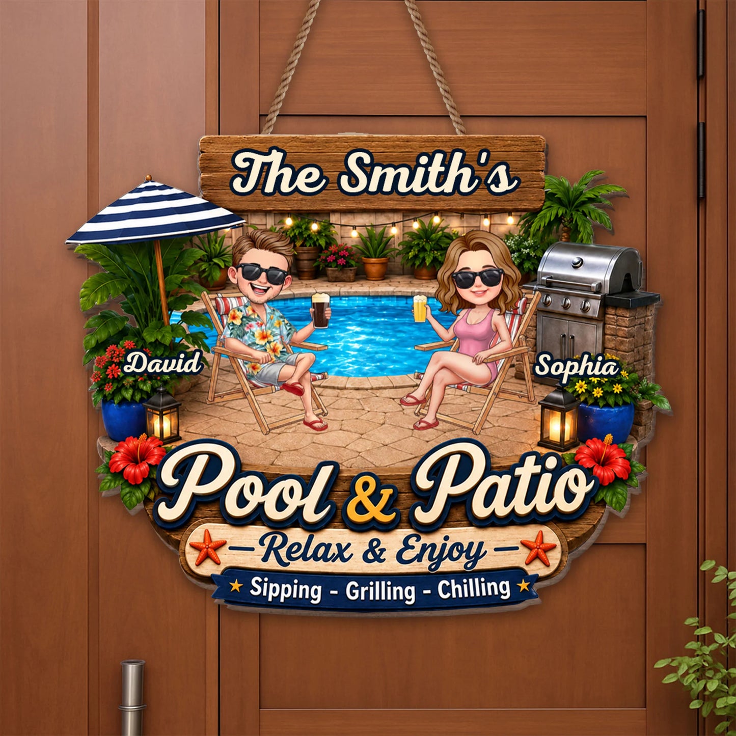 Wood Sign material and size view - Personalized Pool And Patio Sign