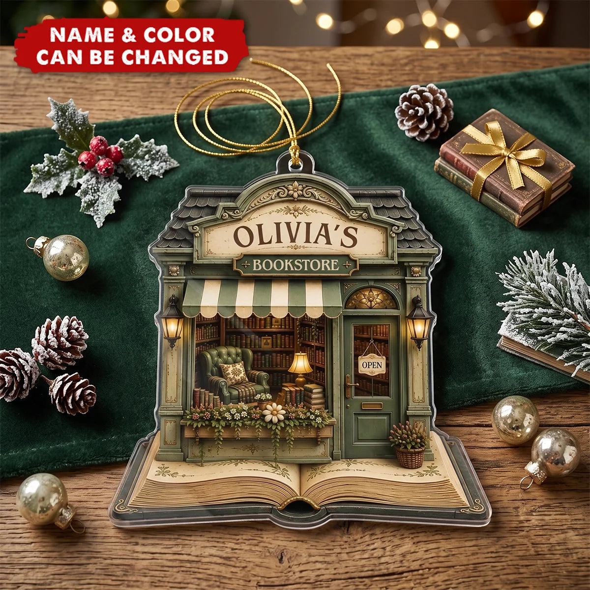 Custom Bookstore Name Acrylic Ornament - Personalized Christmas Tree Gift for Book Lovers