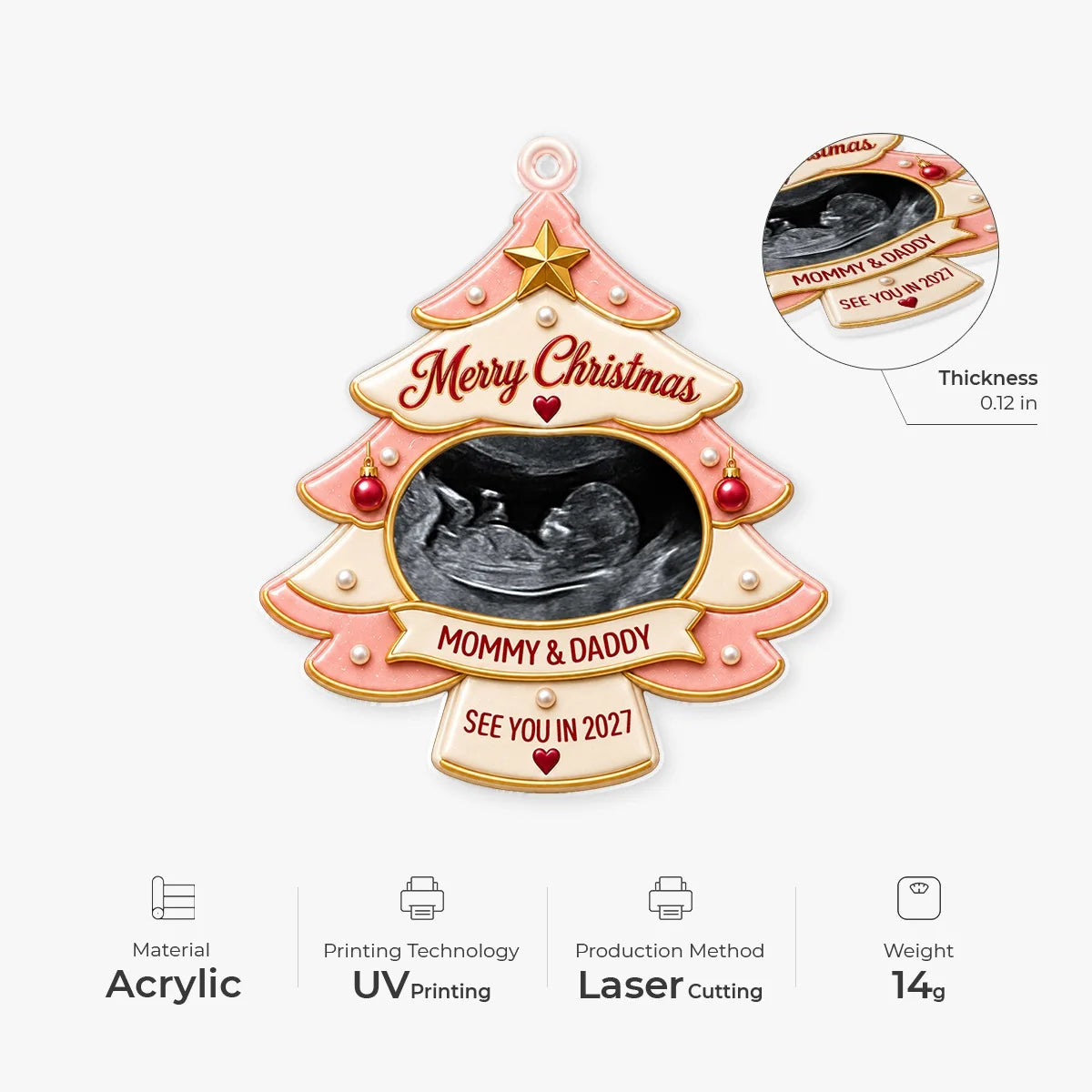 Merry Christmas Mommy and Daddy Custom Photo Acrylic Ornament - Personalized Ultrasound Christmas Gift for Expecting Parents