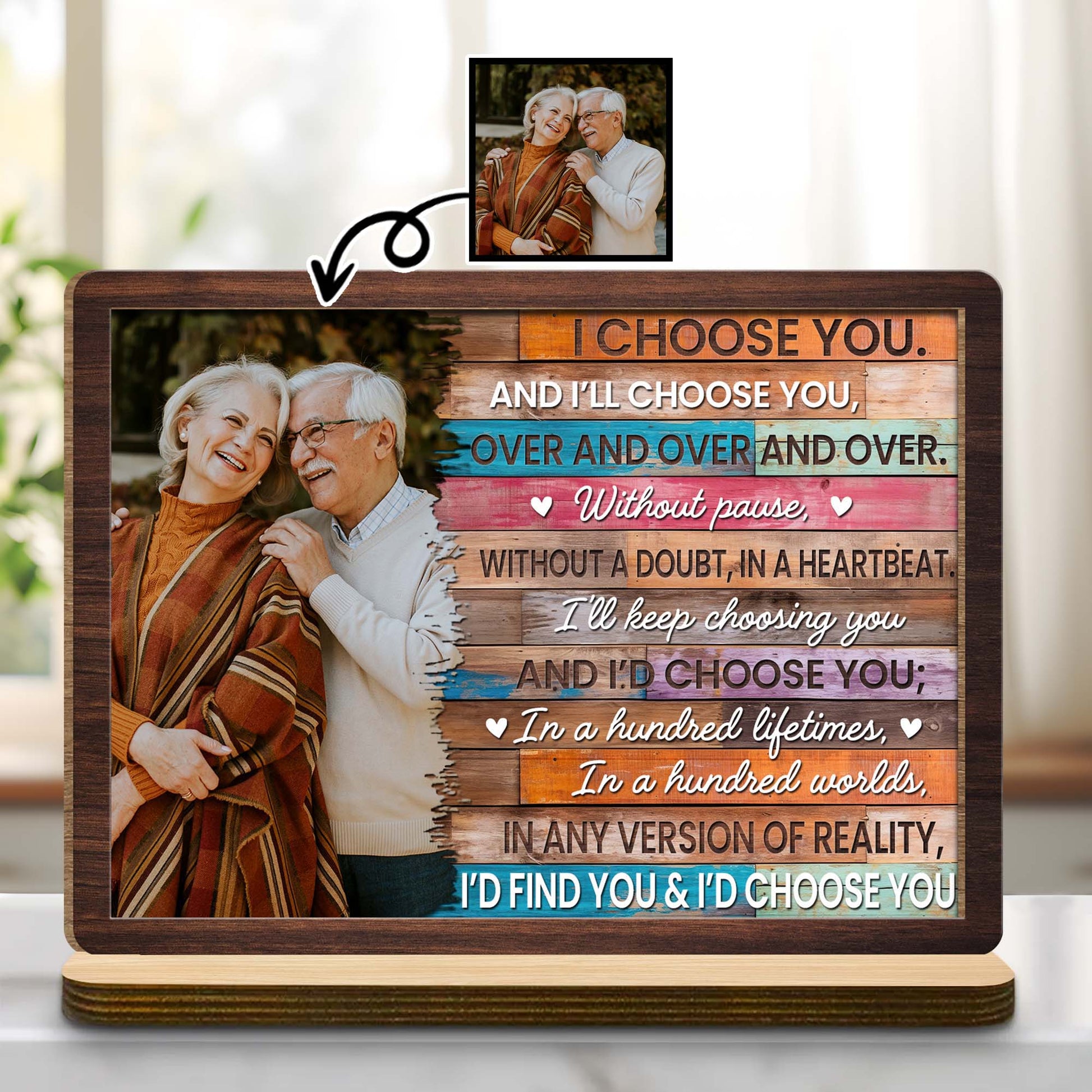 Personalized couple wood plaque featuring a romantic love quote, custom desktop anniversary gift sign