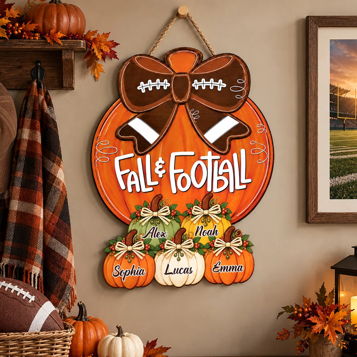 Fall & Football Personalized Wood Sign - Custom Pumpkin Door Hanger for Family Home Decor