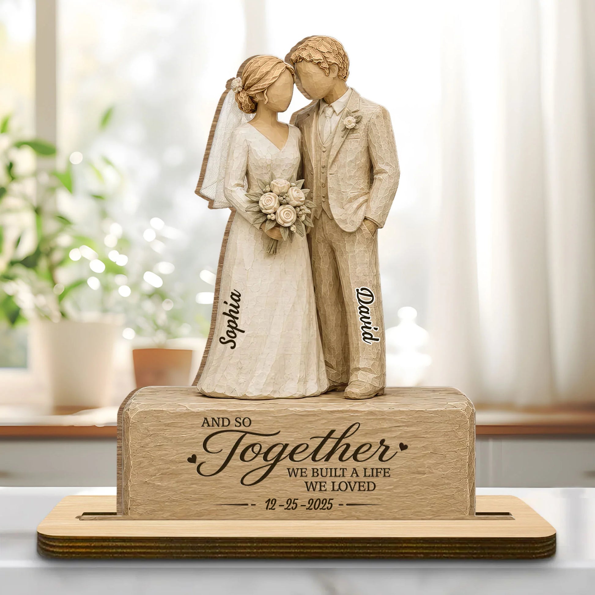 Personalized wedding anniversary plaque featuring a bride and groom figurine design for couples and home decor image 9