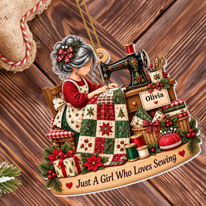 Just A Girl Who Loves Sewing Personalized Acrylic Ornament - Custom Quilter Gift for Mom