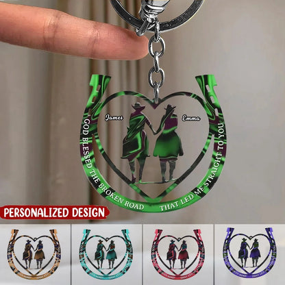 "God Blessed The Broken Road" Personalized Couple Cowboy Keychain - Custom Horse Lover Gift