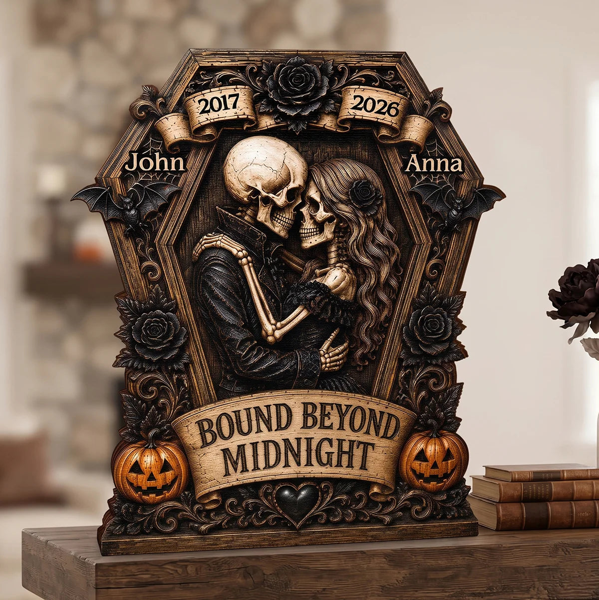 Bound Beyond Midnight Skeleton Couple Personalized Wooden Block - Custom Gothic Halloween Wedding Anniversary Gift