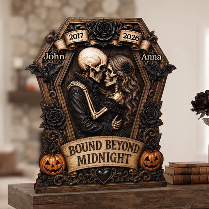 Bound Beyond Midnight Skeleton Couple Personalized Wooden Block - Custom Gothic Halloween Wedding Anniversary Gift
