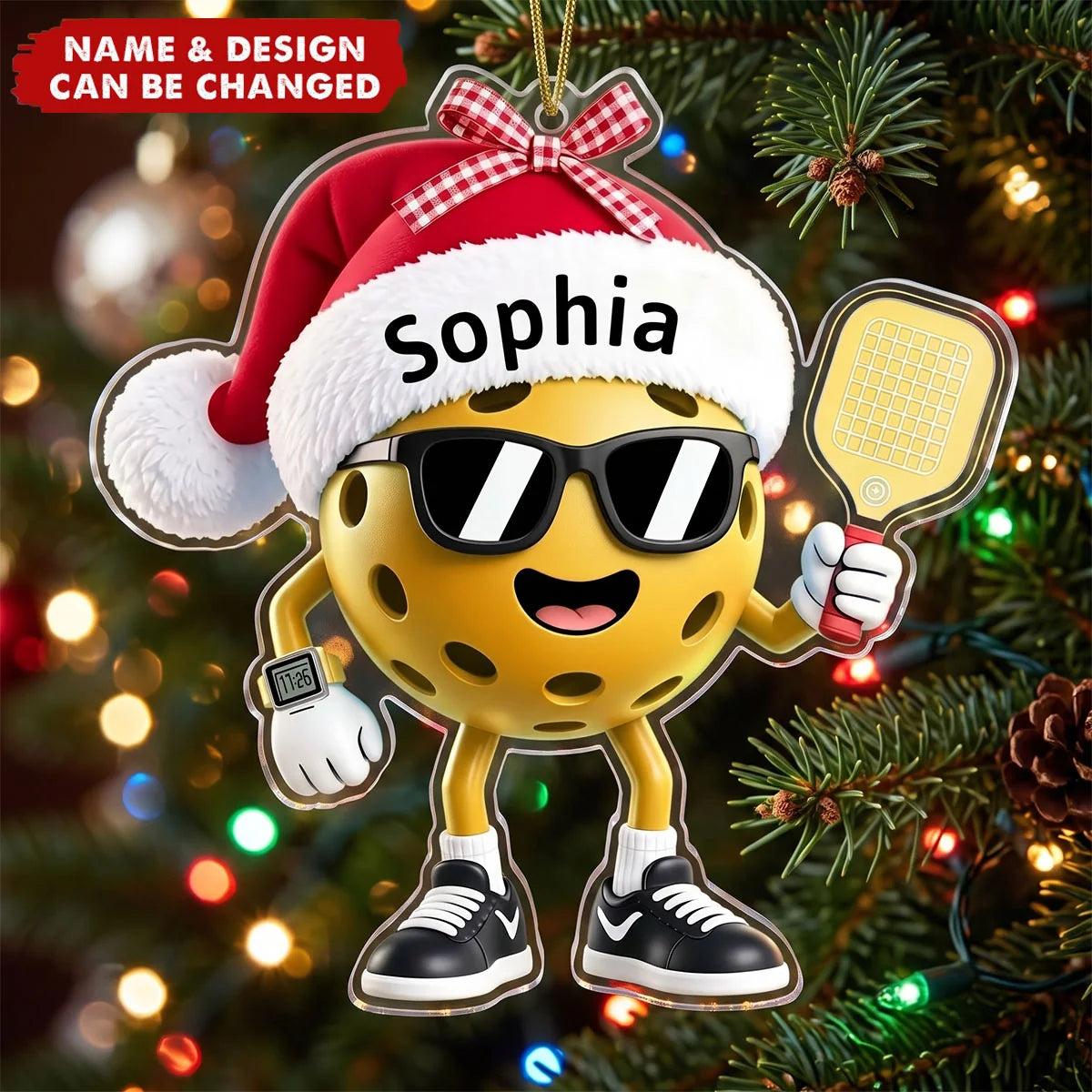 Cool Santa Ball – Personalized Acrylic Ornament for Pickleball Players, Holiday Tree Keepsake