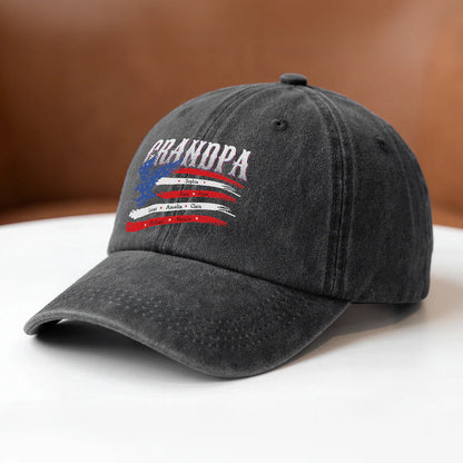 Custom American flag family names hat in washed denim with personalized kids names for Grandpa