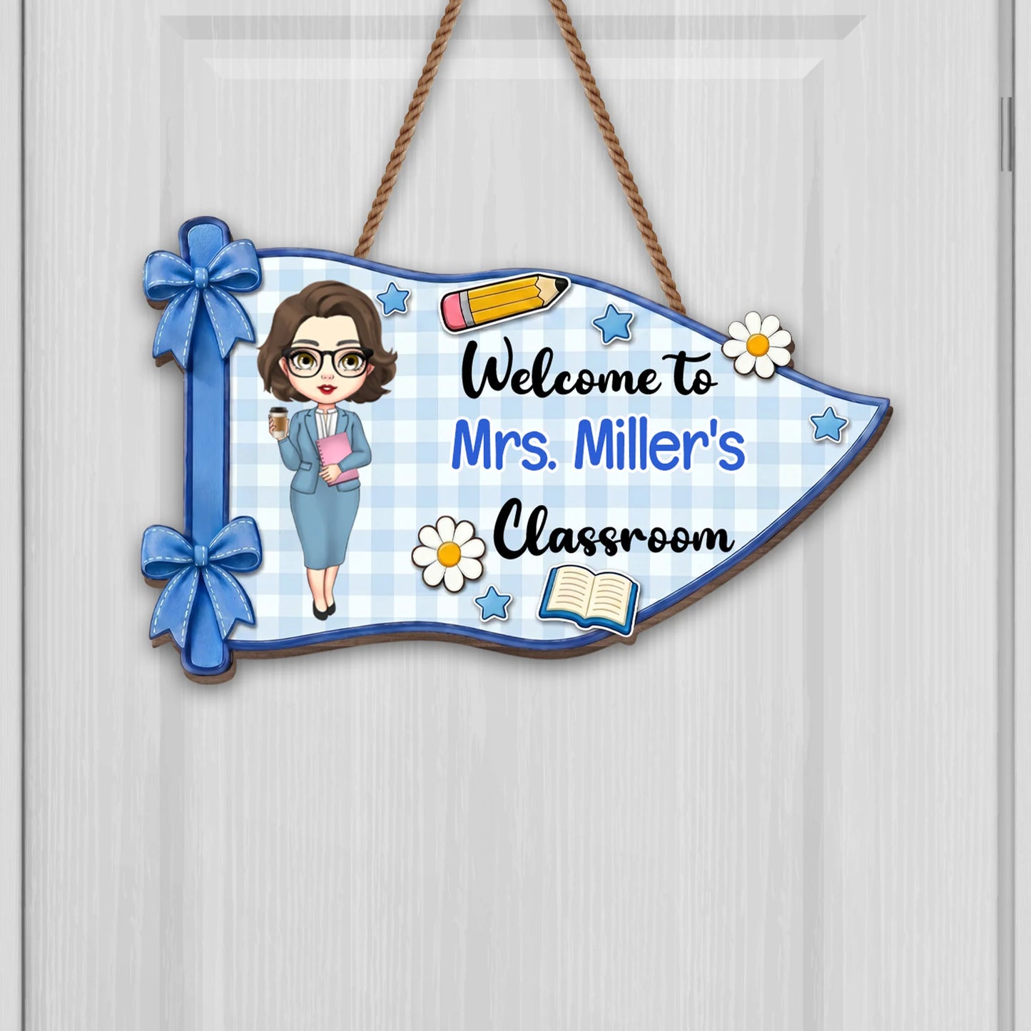 Personalized teacher wood sign with custom name and cartoon avatar for classroom door decor image 9