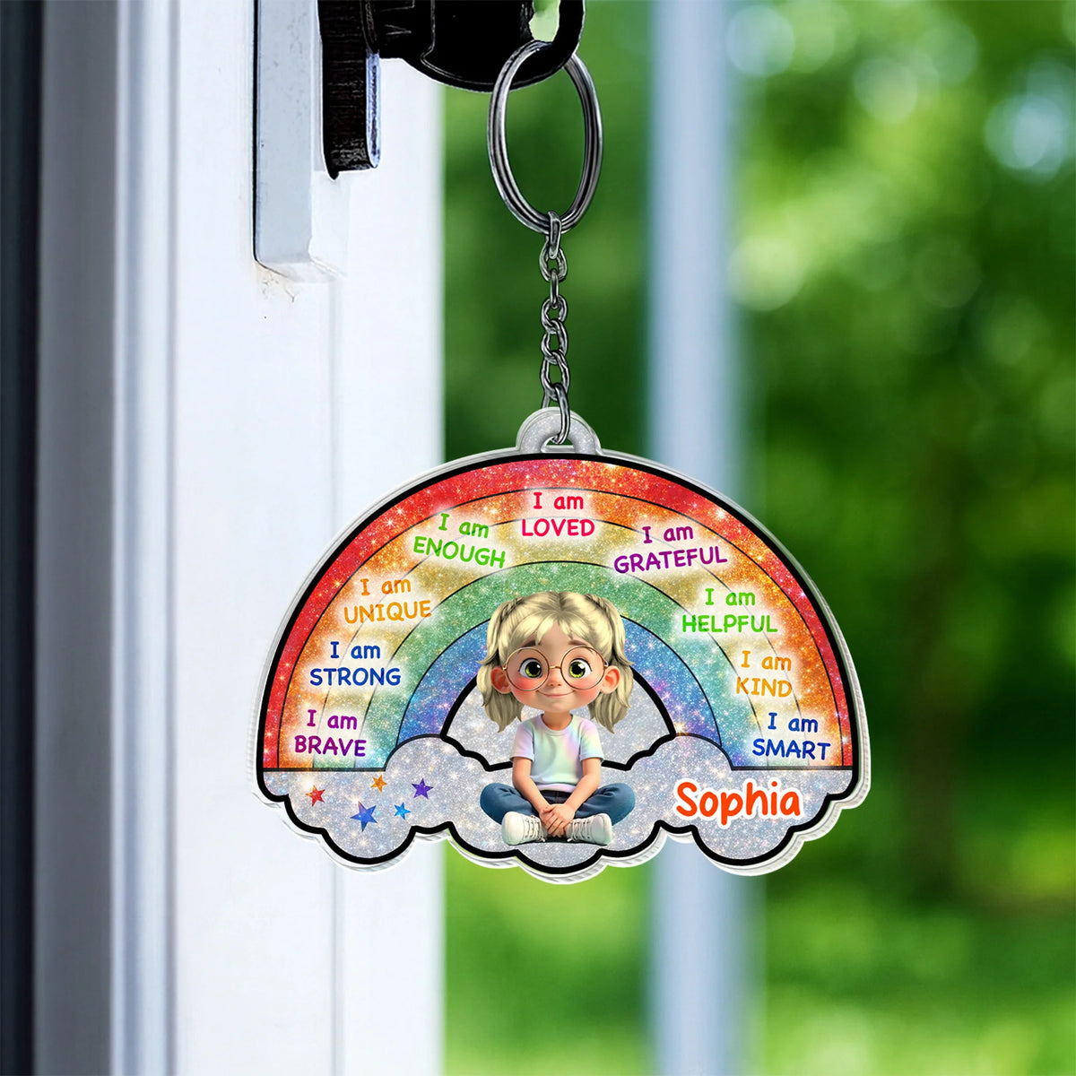 I Am Loved, I Am Grateful, Cartoon Girl Keychain
