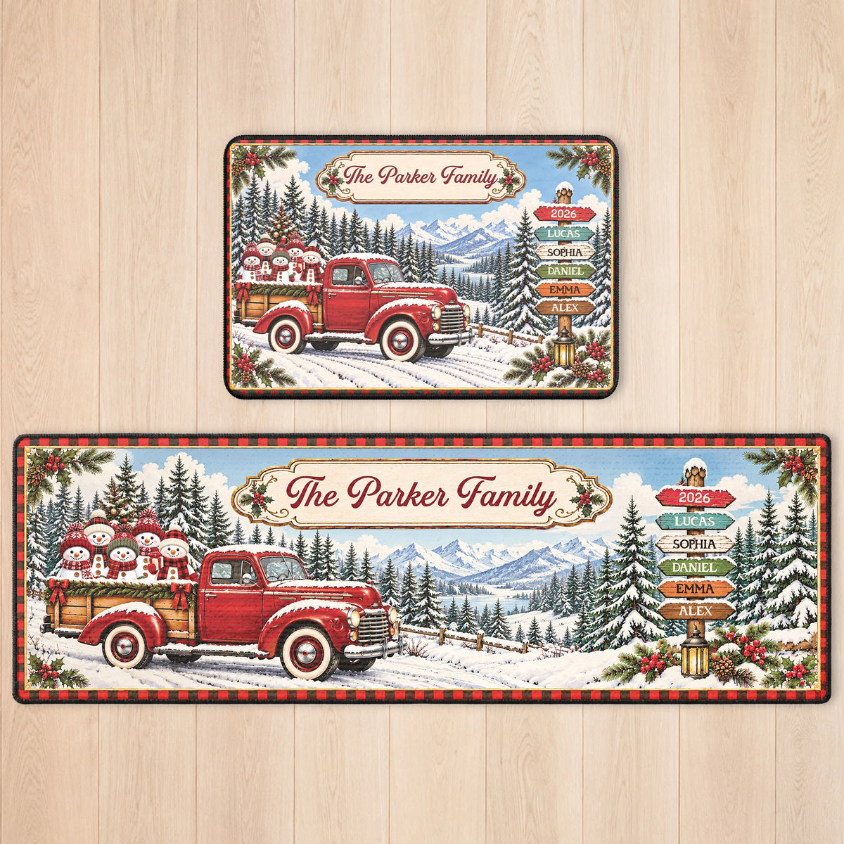 Red Christmas Truck Personalized Runner Rug - Custom Family Name Holiday Kitchen Mat