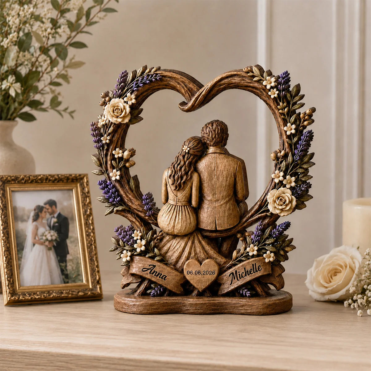 Forever Our Love Floral Heart Personalized Wooden Block - Custom Couples Anniversary Gift