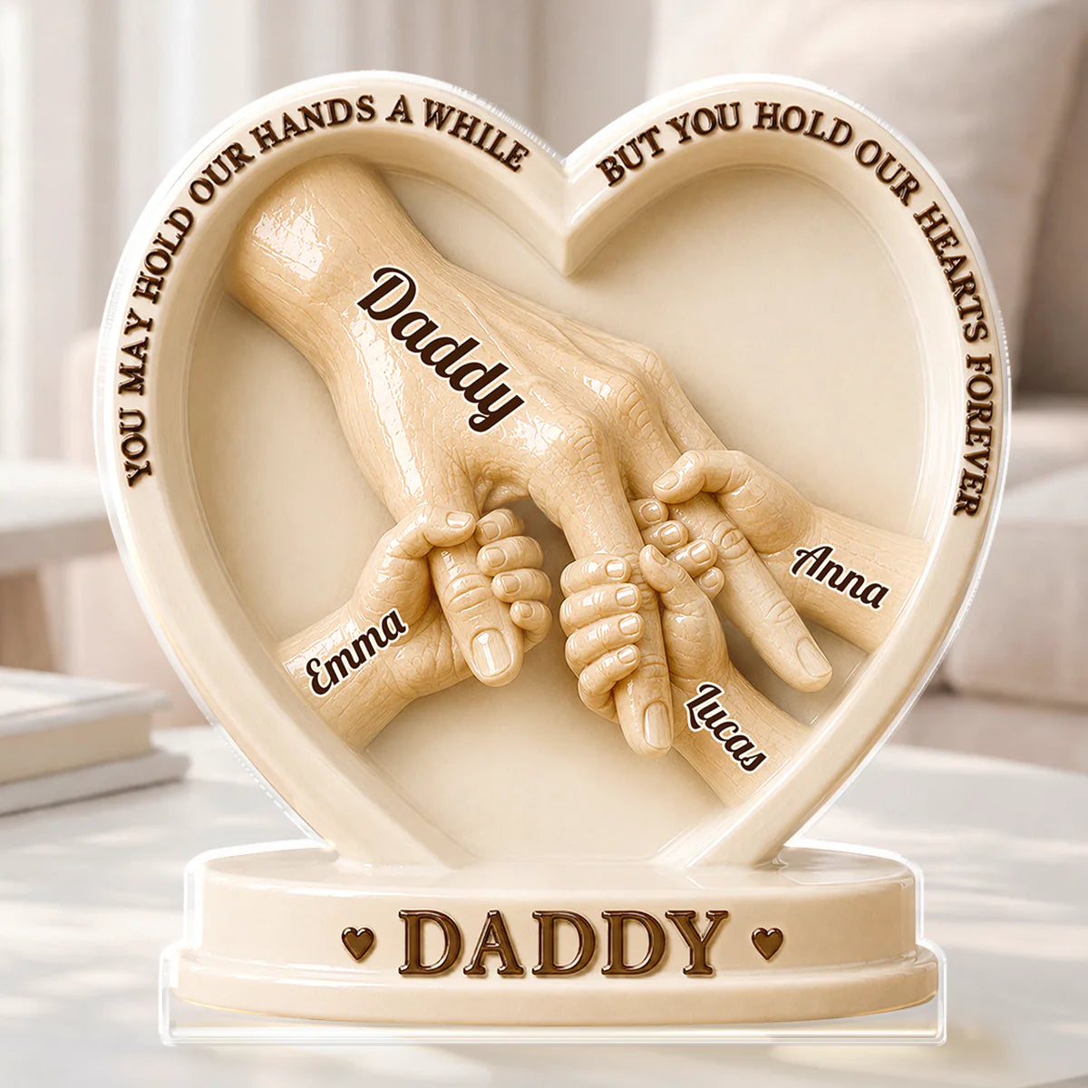 Personalized dad acrylic plaque with custom 3D hand holding design and kids names Emma, Lucas, and Anna