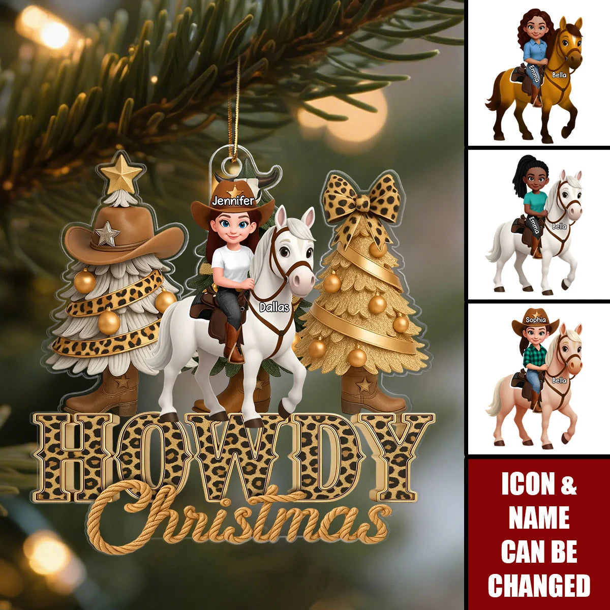 "Howdy Christmas" Personalized Cowgirl & Horse Acrylic Ornament - Equestrian Lovers Holiday Decor