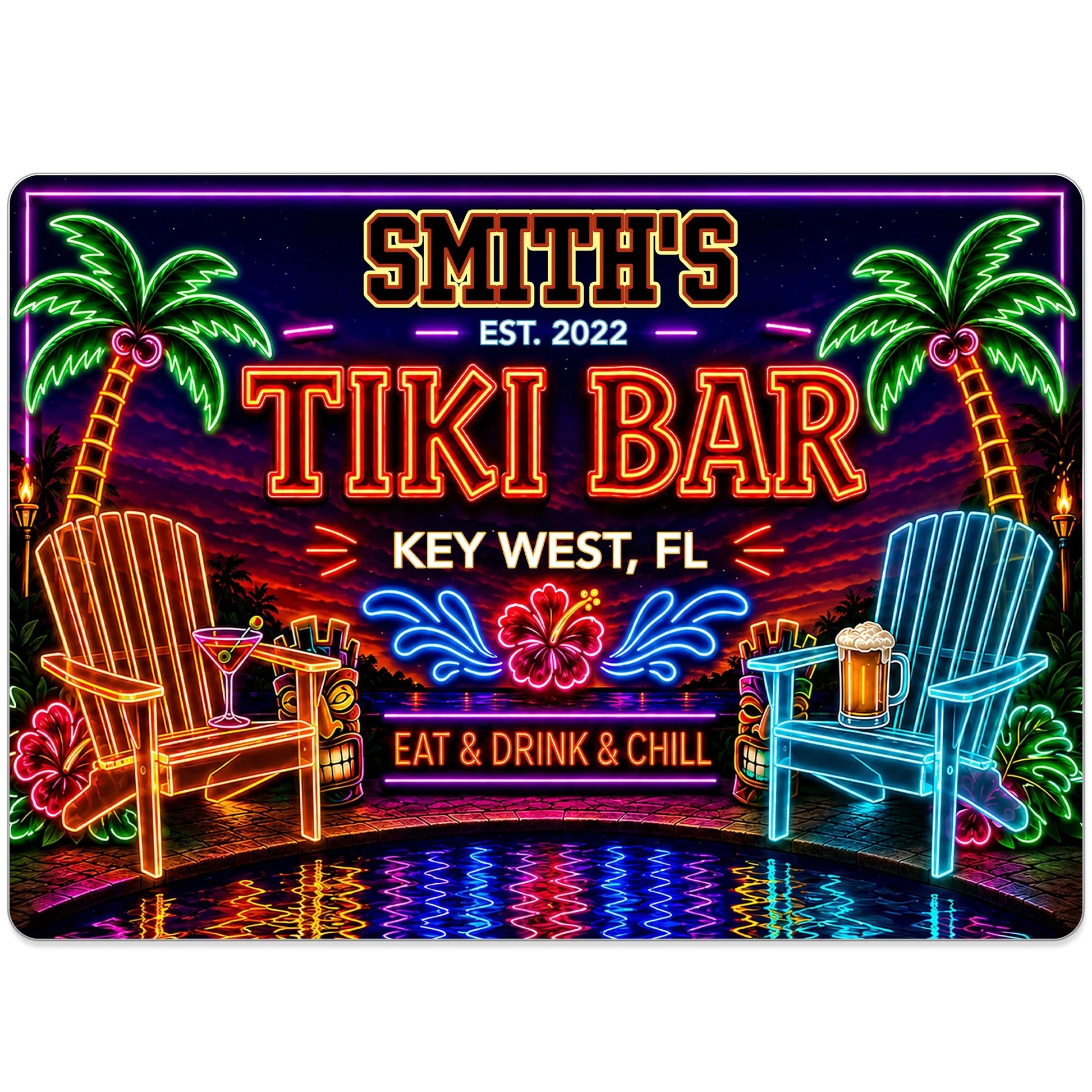 Personalized tiki bar metal sign with neon palm trees and beach chairs for outdoor patio decor image 10