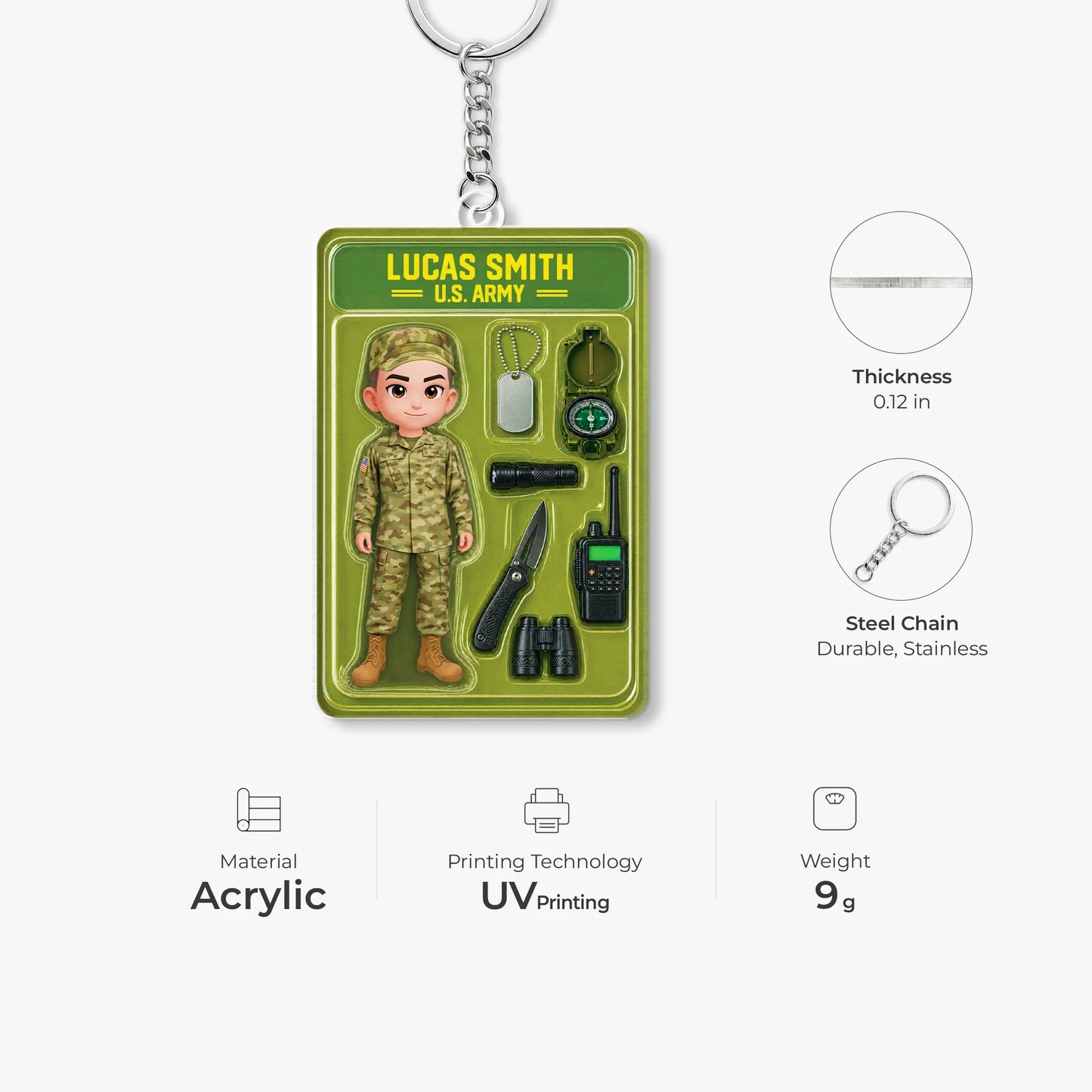 Custom Military Acrylic Keychain - Personalized U.S. Army Action Figure Gift for Soldiers