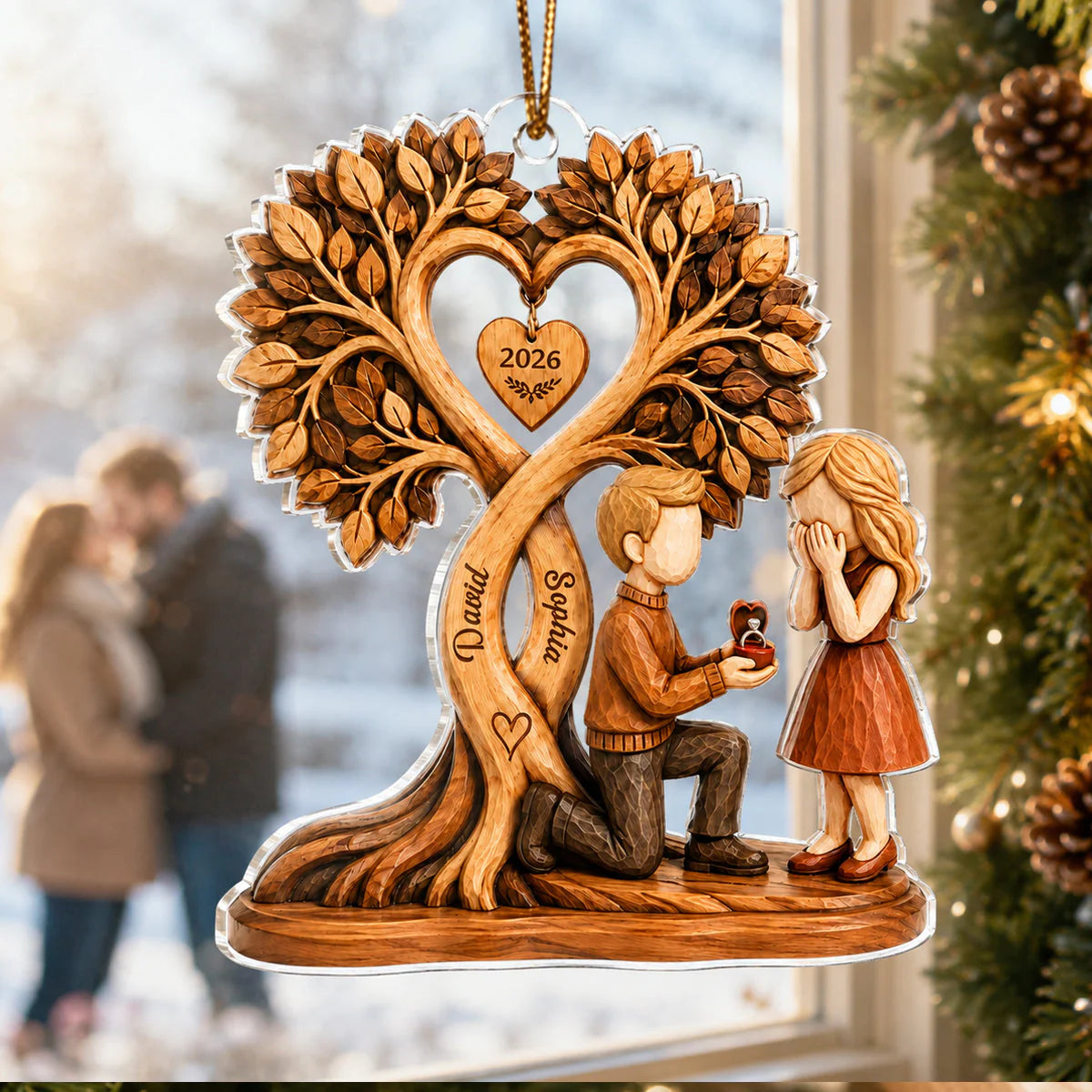 Personalized couple proposal acrylic ornament with custom names under heart tree for couples