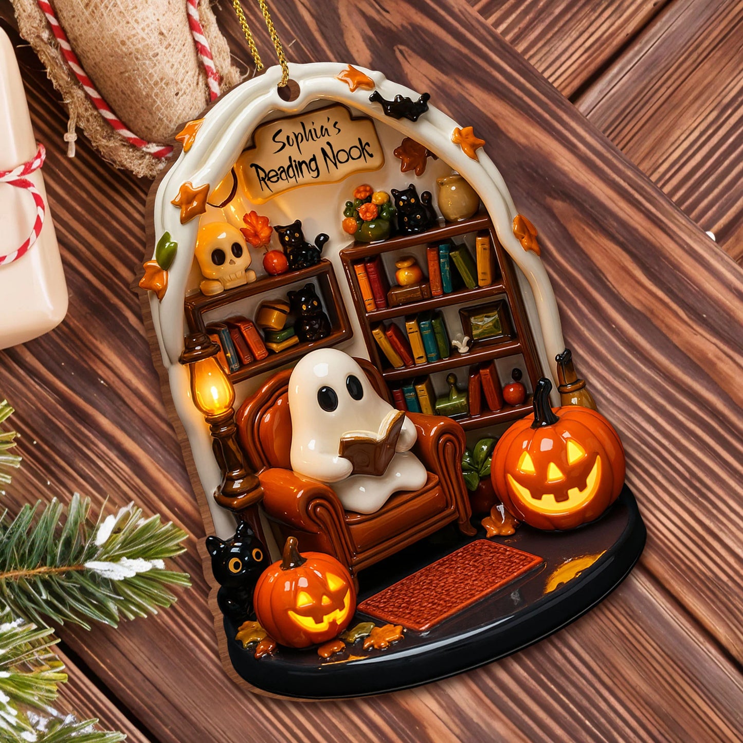 Wooden Ornament material and size view - Custom Reading Nook Ghost Wood Ornament