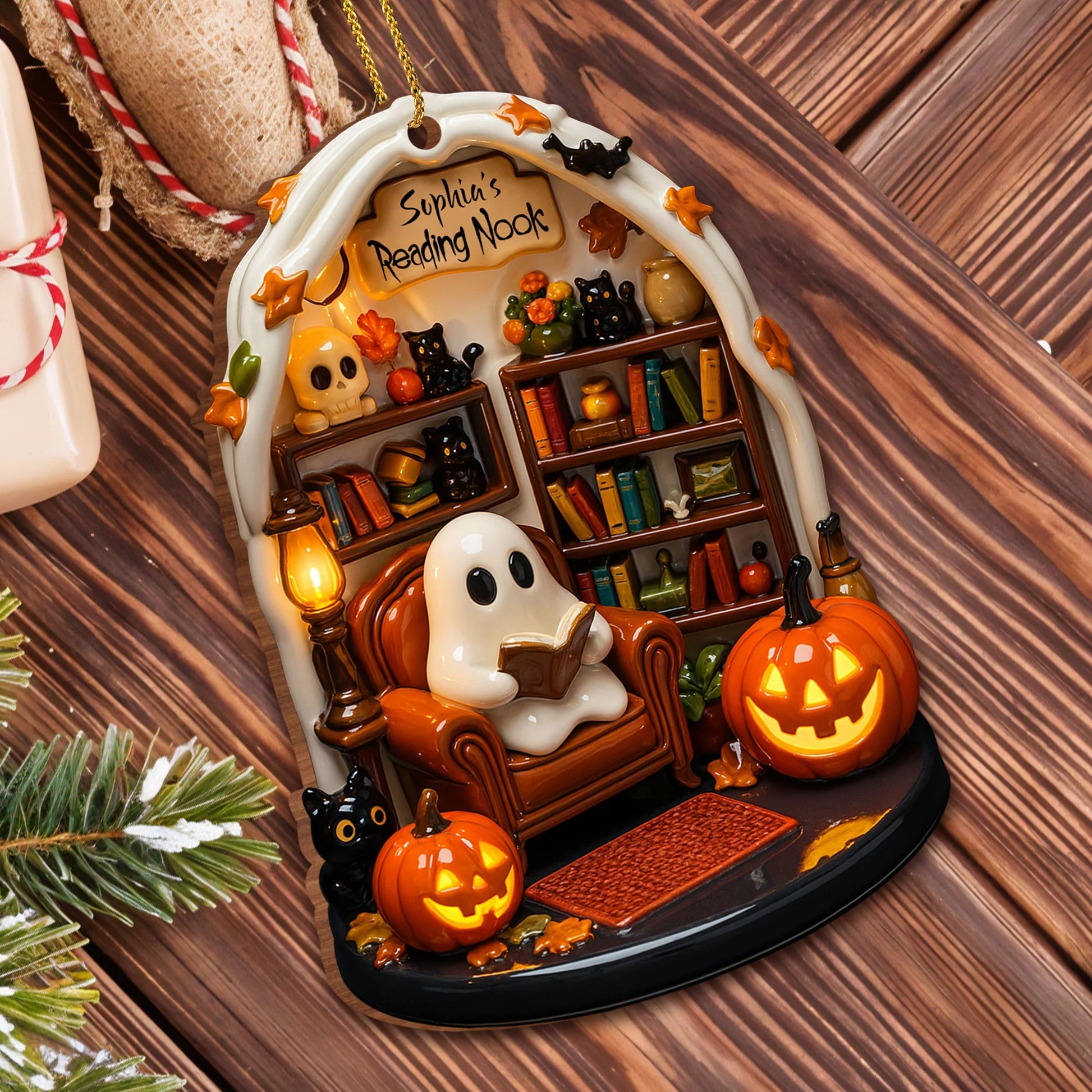 Wooden Ornament material and size view - Custom Reading Nook Ghost Wood Ornament