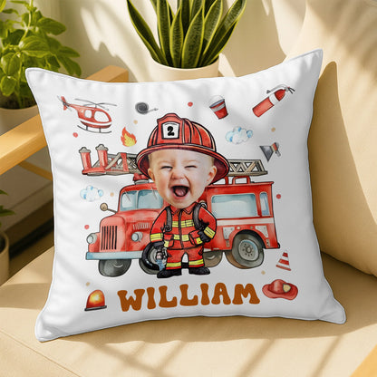Personalized Firefighter Photo Pillow - Custom Little Heroes Name Throw Pillow Gift for Boys Kids Bedroom Decor
