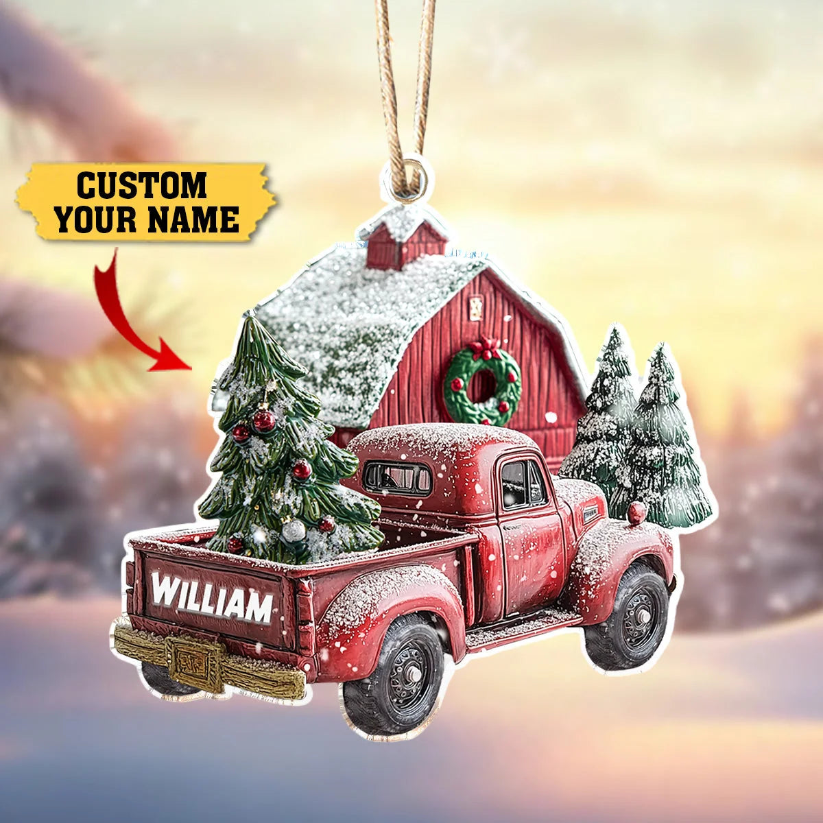 Personalized Vintage Red Truck Christmas Ornament - Custom Name Acrylic Holiday Keepsake Gift