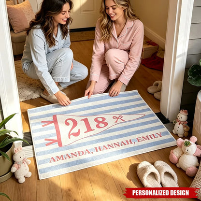 Custom dorm room doormat with personalized pennant, room number, and roommate names - perfect college apartment gift