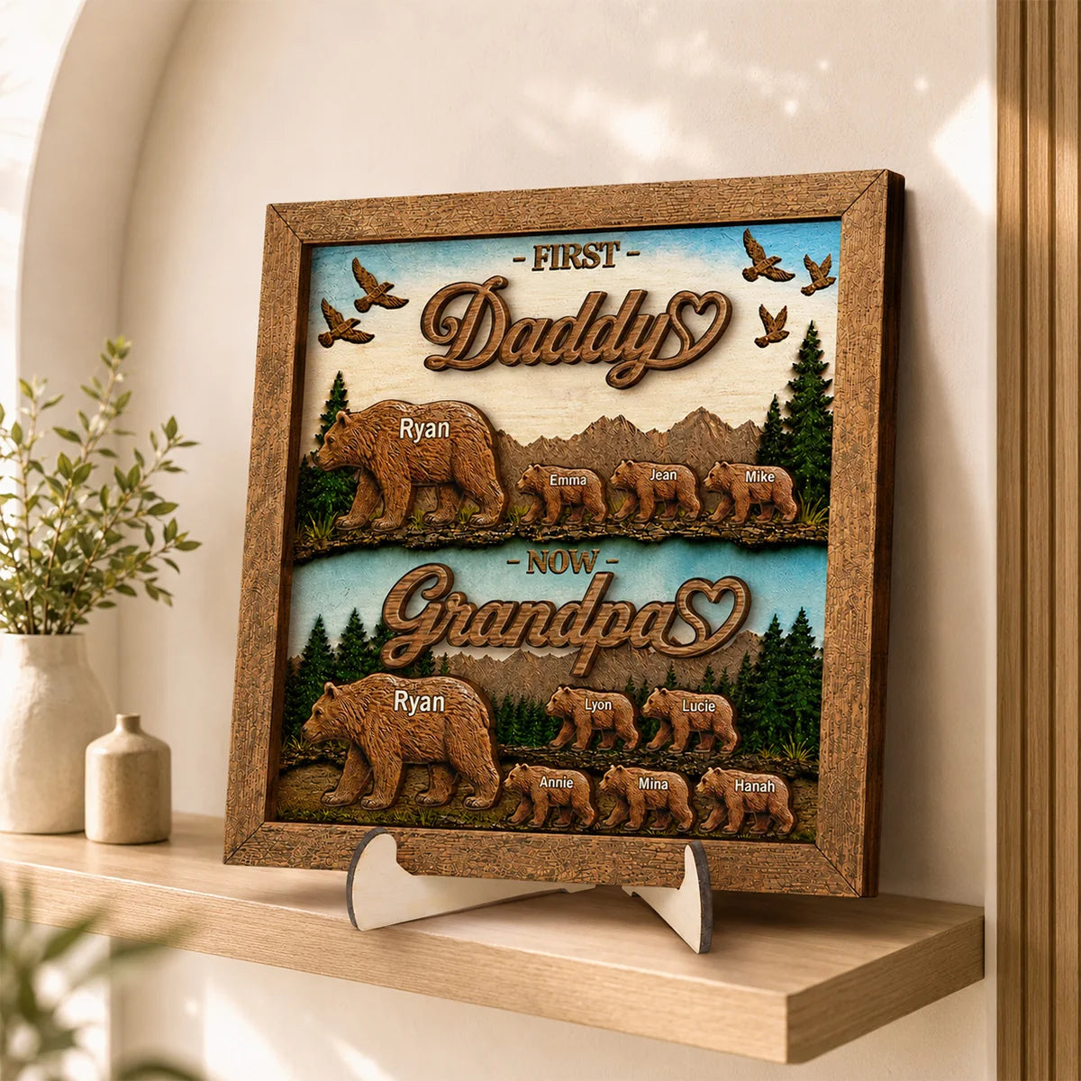 First Daddy Now Grandpa Bear Family Personalized Wooden Plaque - Custom Gift for Father, Dad, Husband