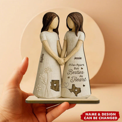 "Miles Apart But Besties At Heart" Personalized Wooden Plaque - Custom Gift for Long Distance Best Friends