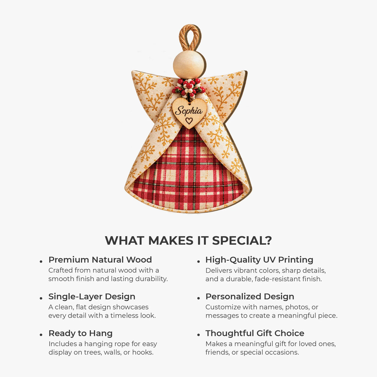 Rustic Plaid Angel Personalized Wooden Ornament - Custom Name Christmas Keepsake for Family