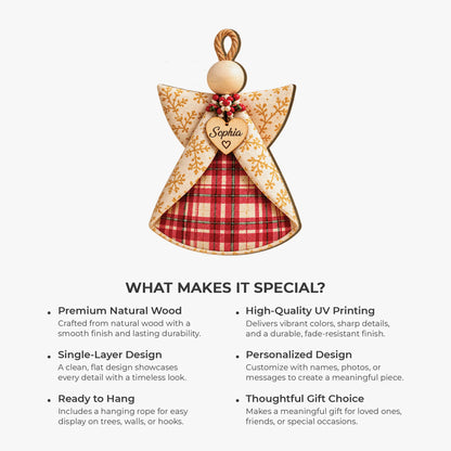 Rustic Plaid Angel Personalized Wooden Ornament - Custom Name Christmas Keepsake for Family