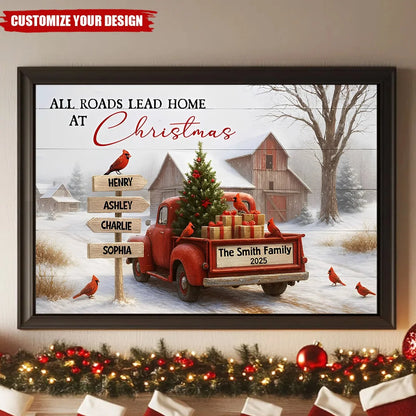 All Roads Lead Home at Christmas Personalized Family Canvas / Poster - Custom Holiday Wall Art