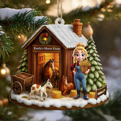 Horse Farm Personalized Wooden Ornament - Custom Winter Barn Keepsake Gift for Equestrians
