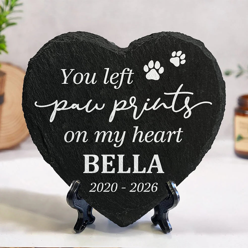 You Left Paw Prints On Our Hearts - Personalized Pet Memorial Stone Slate for Dog & Cat Lovers
