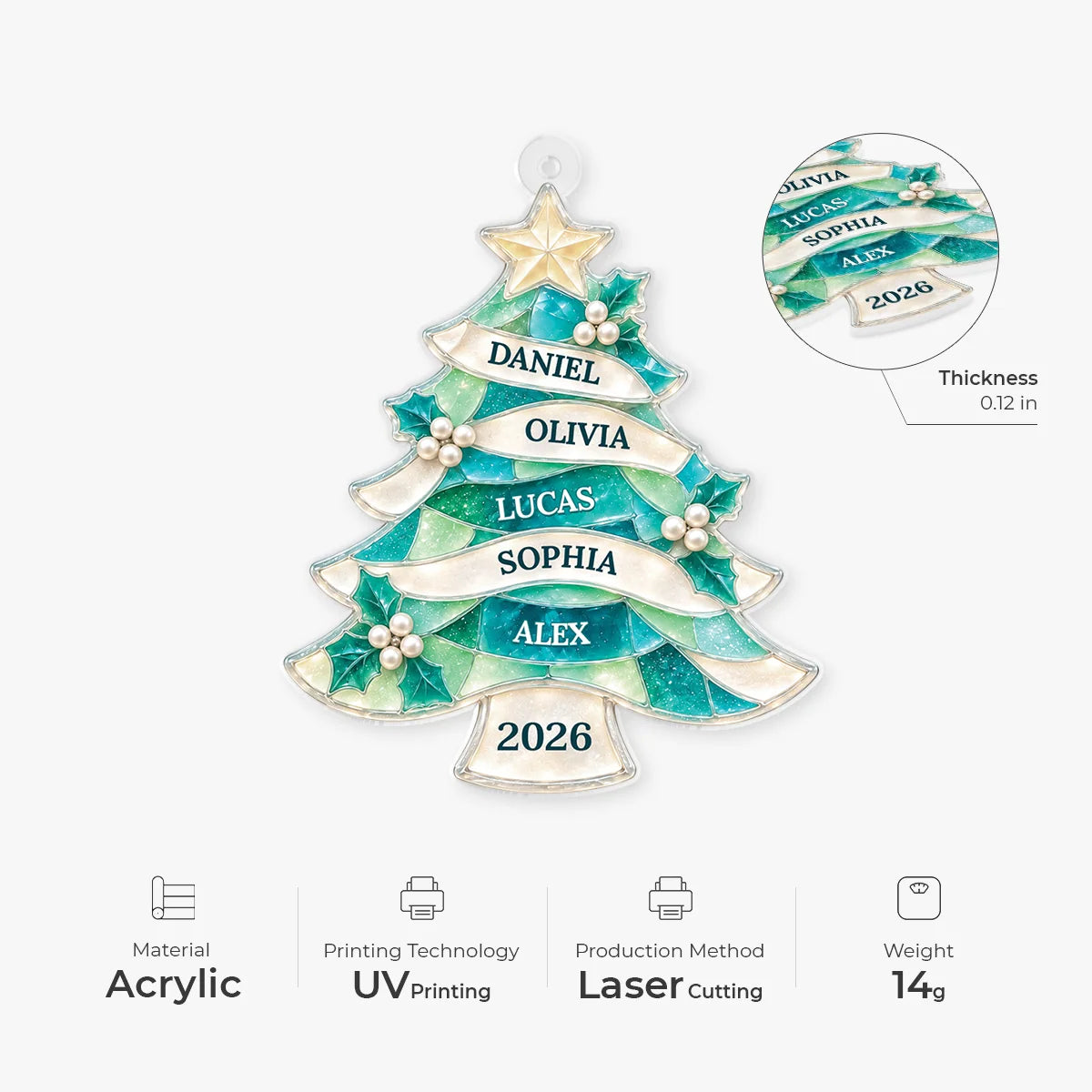 Stained Glass Tree Ornament Personalized Family Christmas Keepsake - Custom Names Holiday Gift for Family