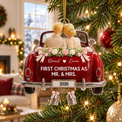 "First Christmas As Mr. & Mrs." Personalized Wedding Car Acrylic Ornament - Custom Gift for Newlywed Couples