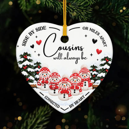 "Side By Side Connected By Heart" Personalized Ceramic Ornament - Christmas Keepsake for Cousins