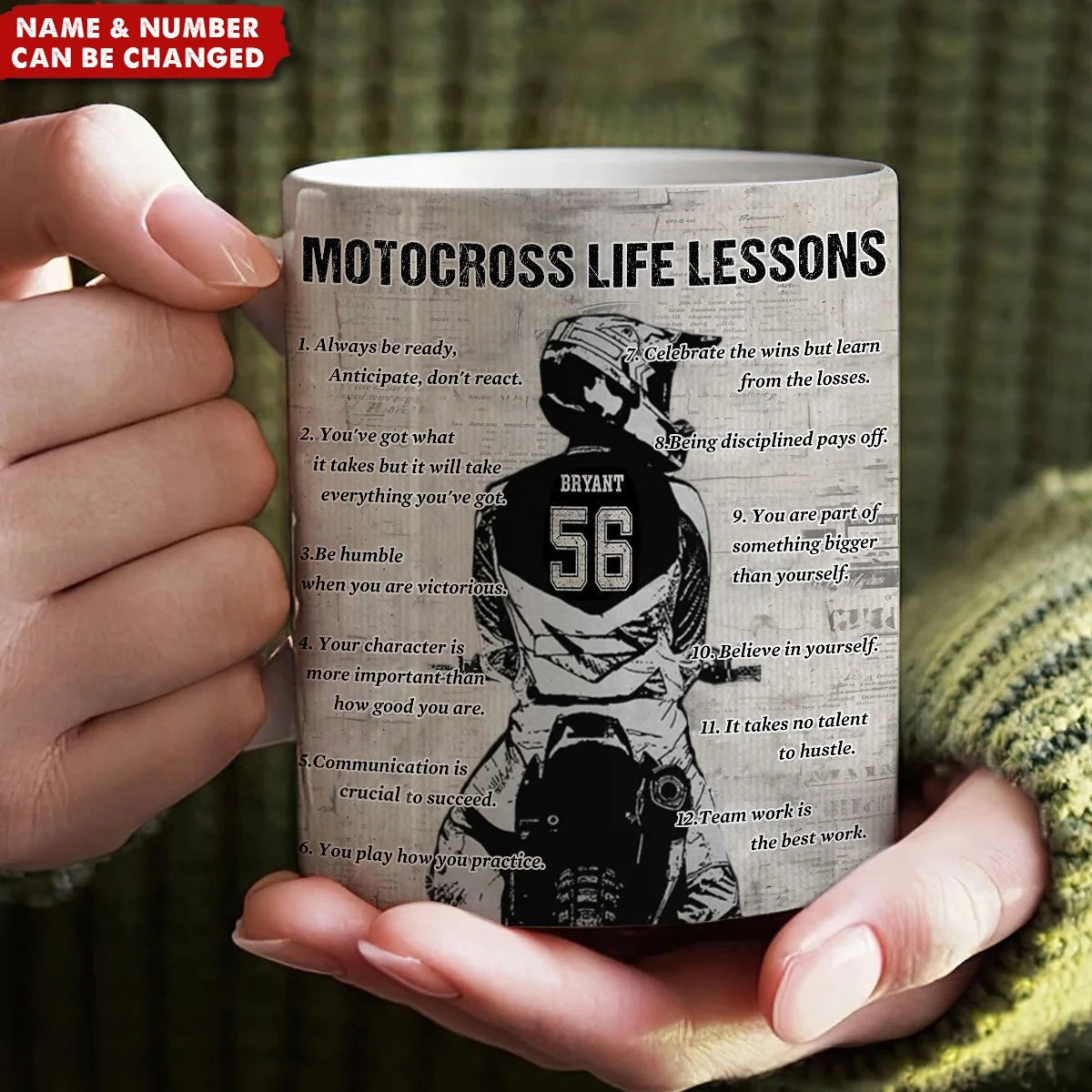 Motocross Life Lessons Personalized Mug - Custom Dirt Bike Name & Number Coffee Cup Gift