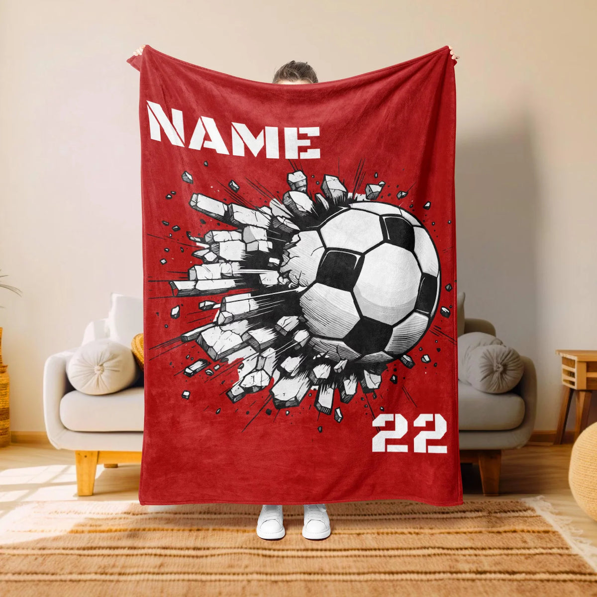 Custom Name & Number Soccer Blanket - Personalized Birthday Gift for Kids & Youth Players